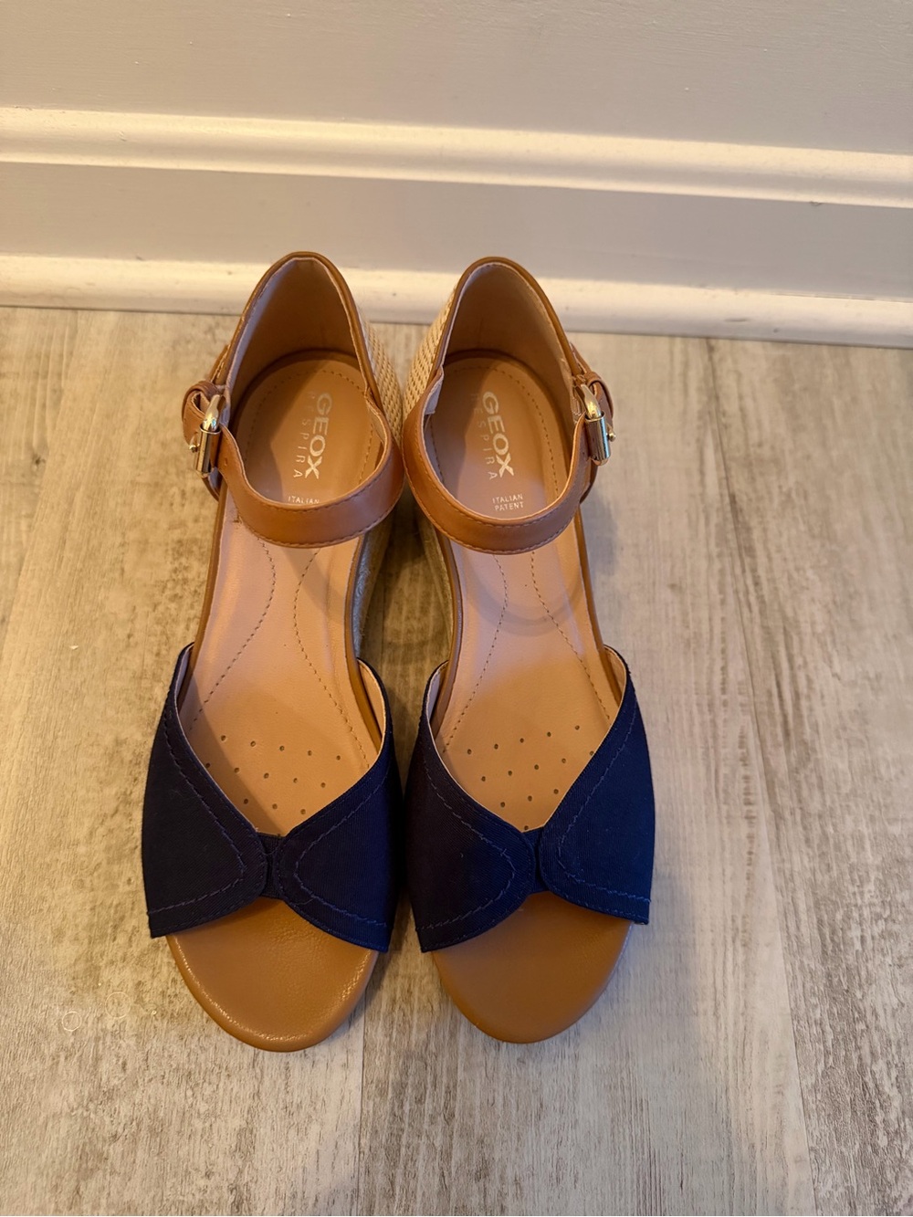 Geox Navy and Tan Wedge Sandals with Ankle Strap